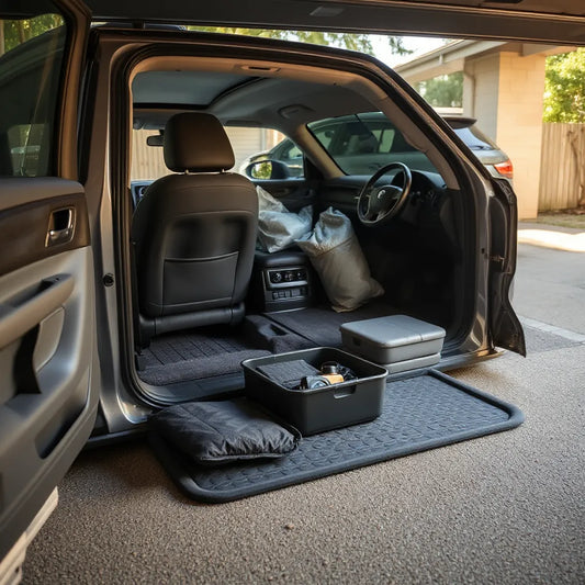 Car door open with neatly arranged floor mats and seat accessories ready for a comfort and protection upgrade