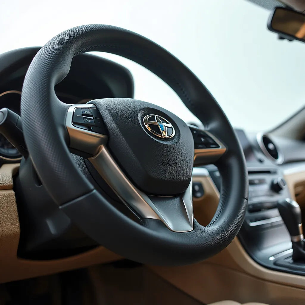 D-shaped steering wheel with a fitted textured cover for improved grip and comfort