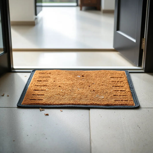 Textured, non-slip entry mats at a home doorway catching dirt and moisture with indoor flooring beyond
