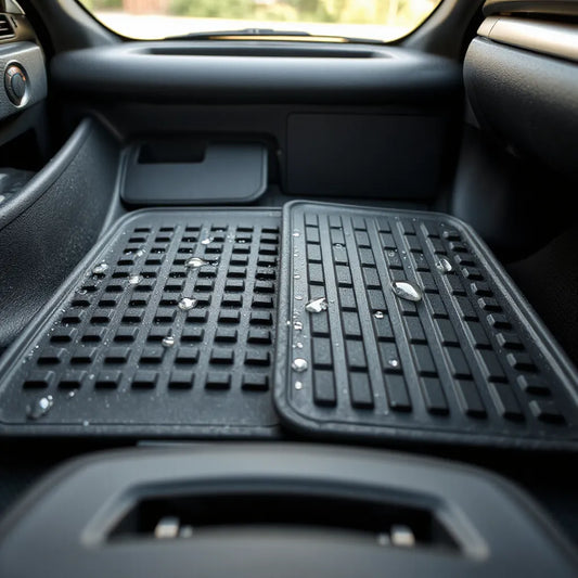 Weather-resistant car mats with raised edges and water beading in a clean car interior