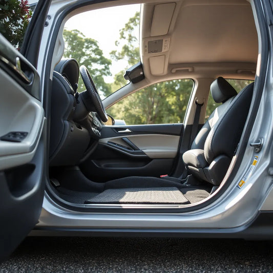 Open car door showing clean front floor mats in an Australian driveway