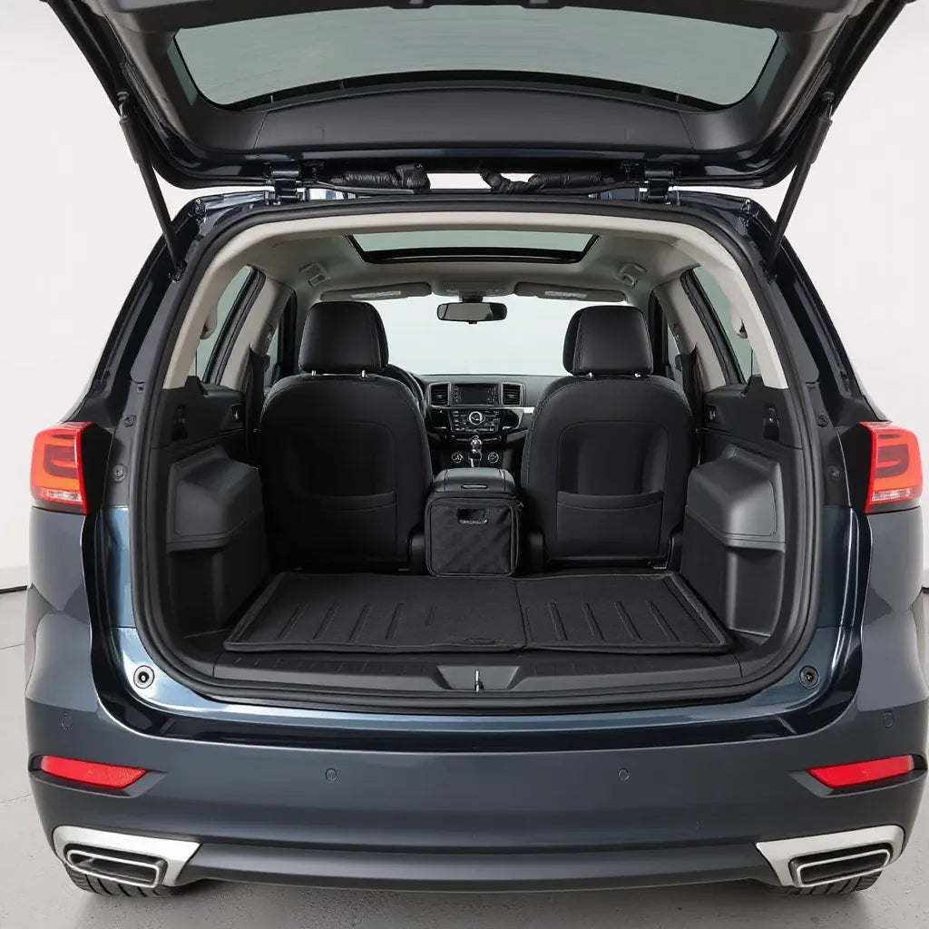 Premium car accessories displayed in a sedan trunk, including all-weather mats and a cargo organizer
