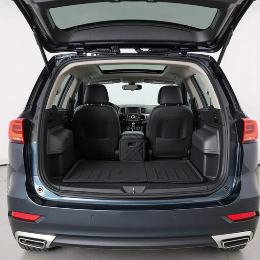 Premium car accessories displayed in a sedan trunk, including all-weather mats and a cargo organizer