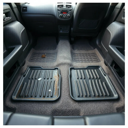 Waterproof car floor mats in an Australian vehicle interior, with water droplets on the mats and clean surrounding carpet