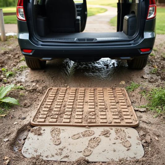 Rugged mat at a home entrance catching mud and water from a wet trail