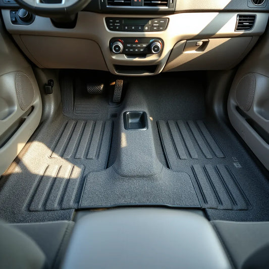 Custom fitted floor mats in a car footwell with textured surface and neat edges