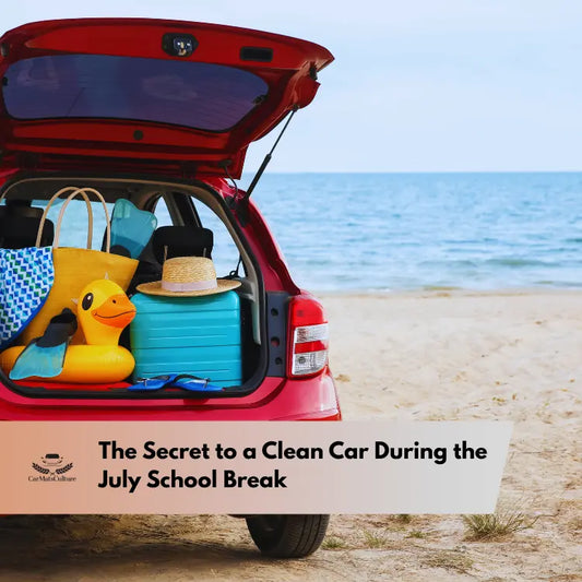Red car parked on the beach with boot open, packed with holiday bags, hat, and pool float