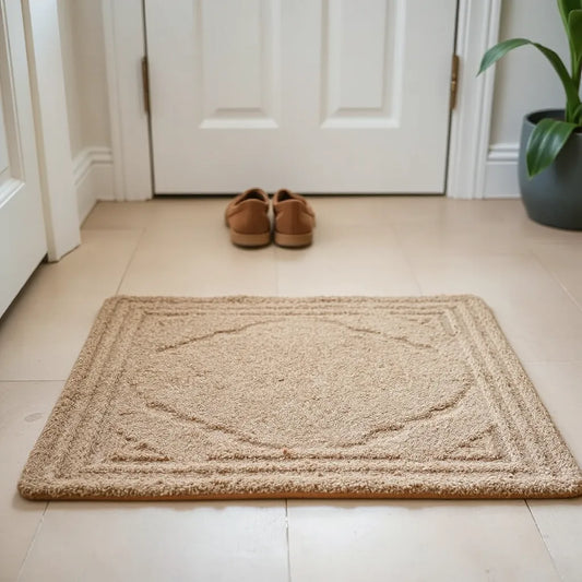 Clean floor mat at an entryway with shoes nearby on light, easy-care flooring