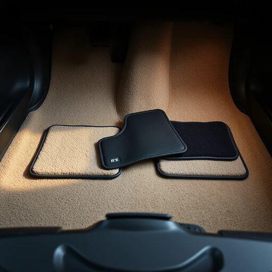Front car floor mats in a clean vehicle interior, showing multiple material styles.