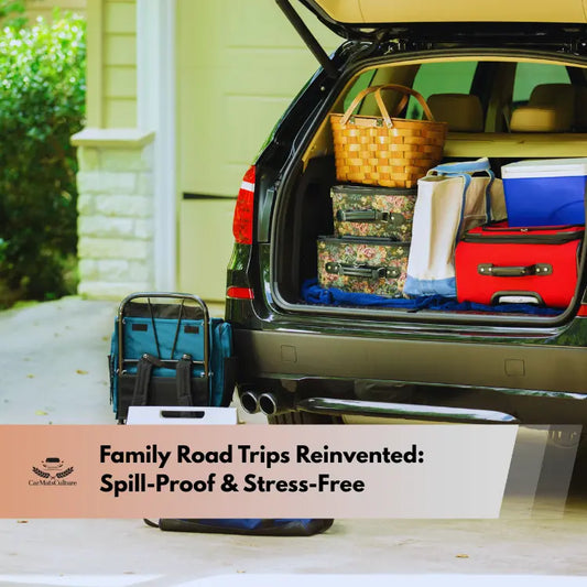 Open car boot packed with suitcases, picnic basket, and cooler ready for a family road trip