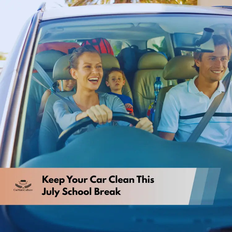 smiling family on a road trip in a packed car during the July school break