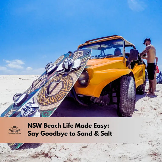 Yellow beach buggy with surfboard on the sand at a sunny NSW beach