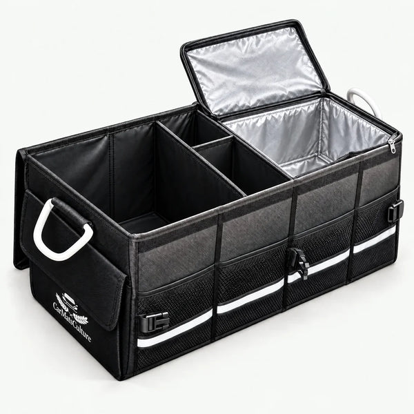 Black CarMatsCulture XL cargo organiser showing a large open storage bay, separate narrow middle compartment, and open silver-lined cooler on the right