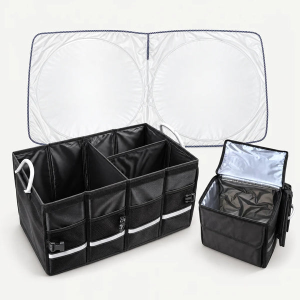 Windscreen sun shield and cargo organiser with portable cold bag