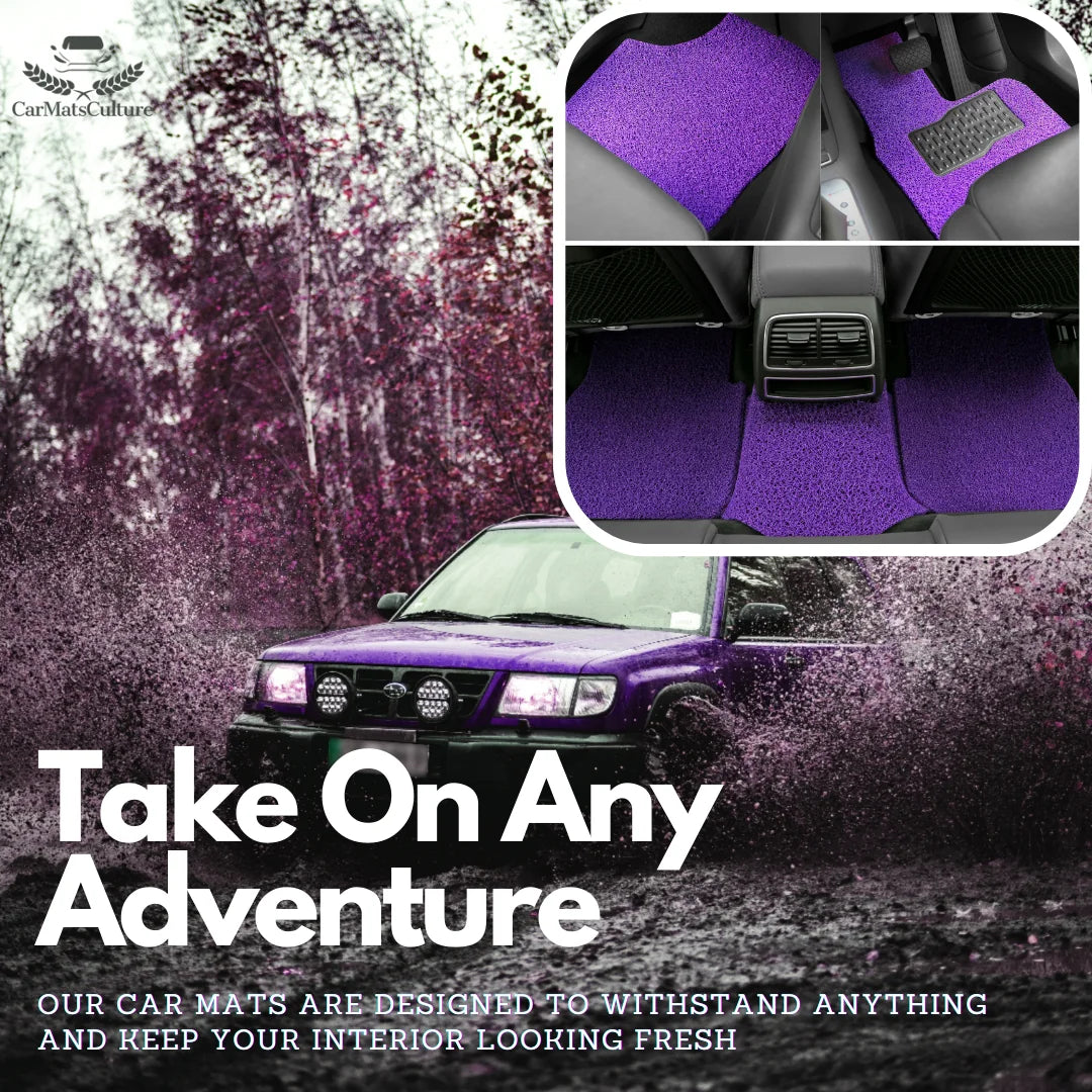 Purple CarMatsCulture mats shown with an outdoor adventure theme
