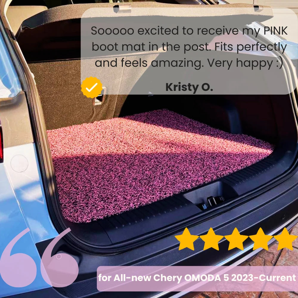 Kristy O. customer review showing a fitted pink boot mat